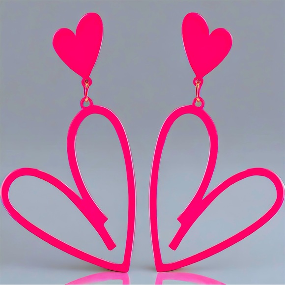 Aposhstyle Jewelry - Hot Pink Matte Double Heart Earrings Drop Dangle Cutout Hearts Nwt